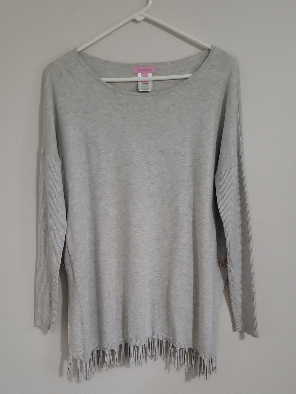 Lilly Pulitzer Ramona Light Gray Knit Top With Bottom Fringe